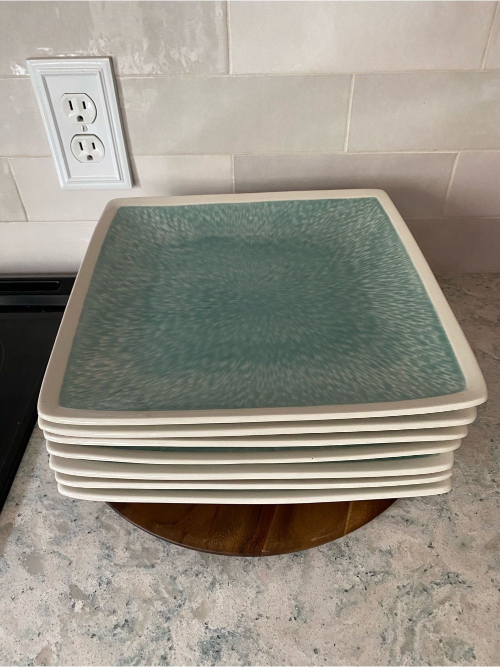 Sango Square Dinner Plates in Aqua and Cream - Set of 7